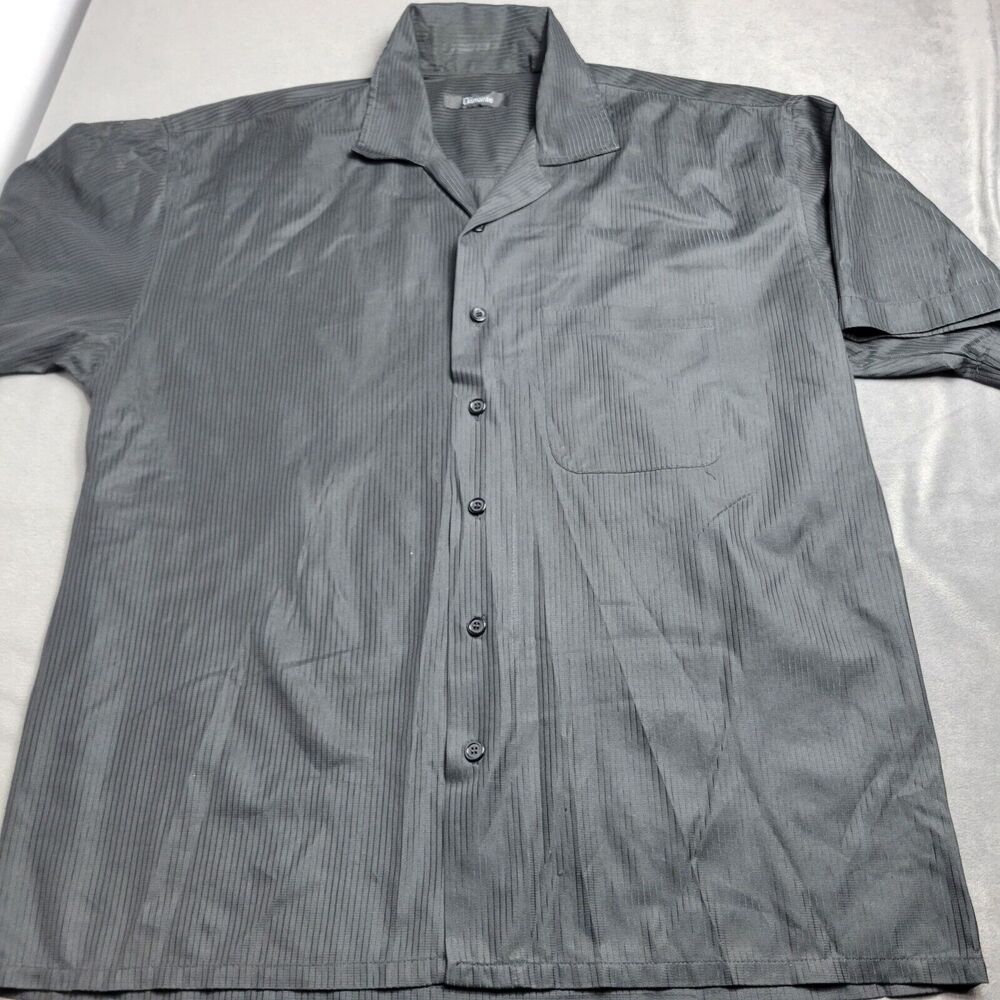 Mens Large Black Damante Short-Sleeve Shirt With Subtle Stripes &‎ Front Pocket